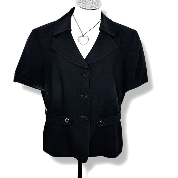 Tahari Arthur S Levine Petite Black Short Sleeve Blazer Button Belted Jacket 16P - Picture 1 of 7